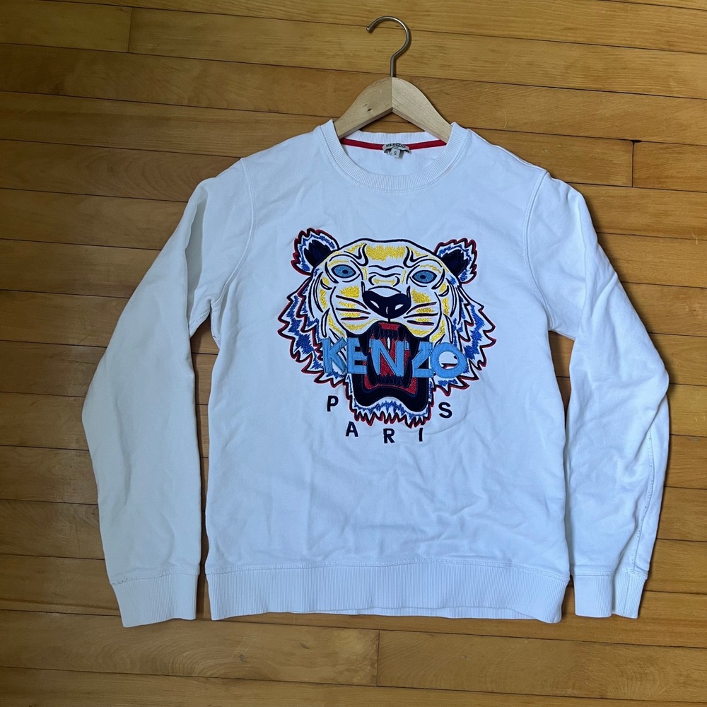 Kenzo Paris Tiger Head Embroidered Sweatshirt White Long Sleeve Mens Small